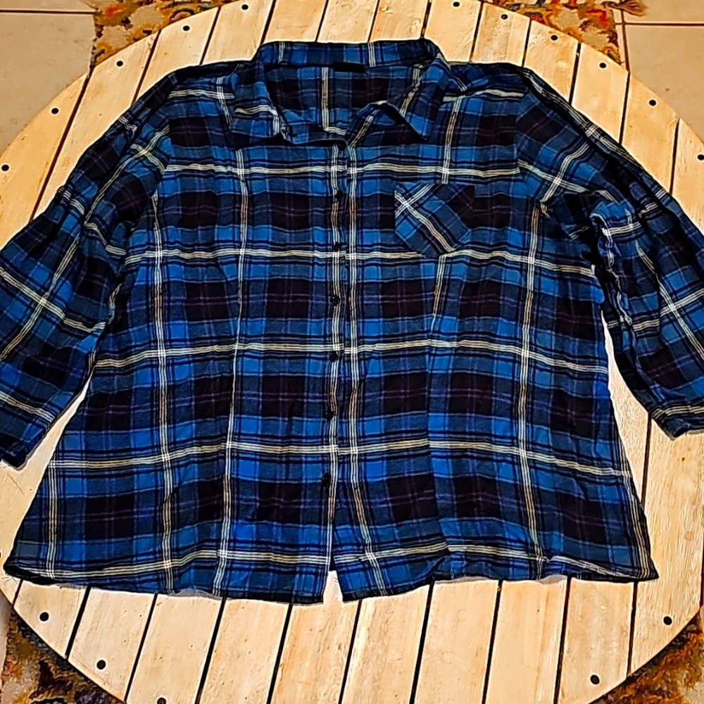 Torrid Flannel Button Down 3/4 sleeve Blouse loose 2xl w/ elastic in back